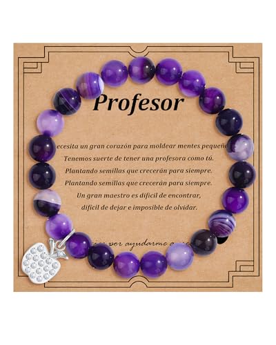 VGWON Regalo Profesora, Pulsera Profesor con Dije de Manzana, Pulsera Maestra, Regalos Originales para Profesoras, Agradecimiento Cumpleaños Graduación Jubilación - Violeta circonita