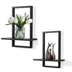 PHOENANCEE Square Floating Shelves,Wall Plants Holder,Bathroom Wall Decor,Framed Decorative Shelf Black,Modern Chic Set of 2 for Living Room Bedroom Home Office,Soild Wood,L+S