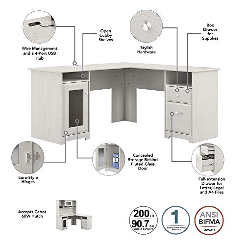 Bush Furniture Cabot 60W L Shaped Computer Desk In Linen White Oak #TOP3
