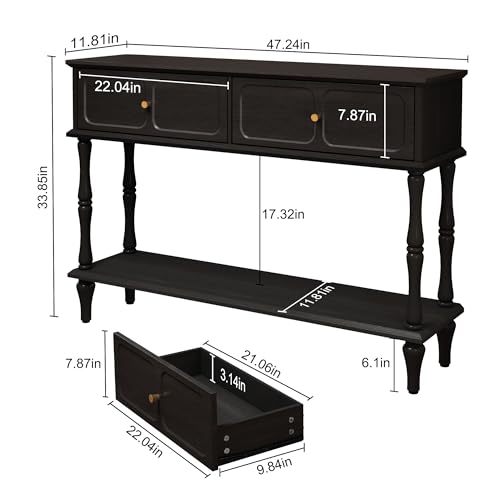 ARTPOWER Mid-Century Console Table for Entryway with 2 Drawers, Black Retro Entryway Table with Storage Cabinets and Open Shelf, Narrow Long Couch Table Behind Sofa for Living Room, Foyer, Hallway - Thumbnail 2