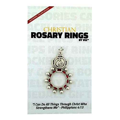 Image of VILLAGE GIFT IMPORTERS Rosary Rings | 4 Styles with Colored Enamel | Holy Figures and Saints Finger Rosary | Carded and Modern | Christian Jewelry (Sacred Heart - Red Enamel)