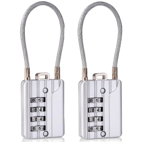 SEPOX Resettable Combination Travel Lock, 11mm 4 Digit Cable Lock for Suitcase, Travel Bag, and Gym Lockers, Filing Cabinets, Toolbox, Case—Silver Pack of 2