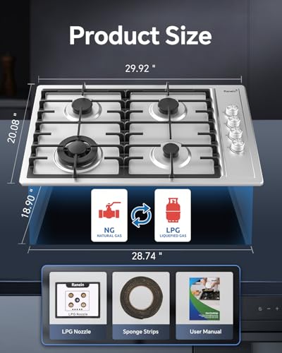 Image of Ranein 30 Inch 4 Burner Gas Cooktop, NG /LPG Convertible Gas Stove Top, 304 Stainless Steel with Thermocouple Flameout Protection for Kitchens, Apartments, RVs