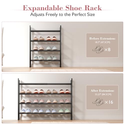 Image of Bumusty Expandable 4 Tier Shoe Organizer Rack For Closet Entryway Garage Dorm Bedroom Living Room Hallway Small Space Floor Door, Black