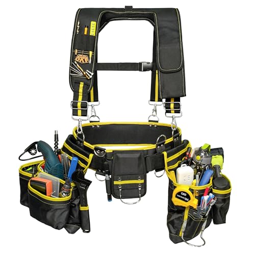 OKF Heavy Duty 6-Piece Set Tool Belt with Suspenders,Magnetic Pad and Hand Drill Tool Pouch Tool Rig for Framers Carpenter Electrician 1680D Polyester Fabric,20 pockets,Black & Yellow,36-49In,5.5lb