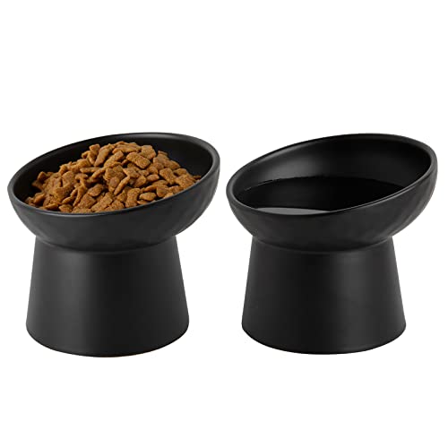 KITCHENLESTAR Elevated Cat Bowls, 15° Tilted Ceramic Raised Cat Food and Water Bowl Set, Whisker-Friendly Porcelain Pet Feeder Dishes for Indoor Cats and Small Dogs,Black,5.2 Inch,2 Pack by KITCHENLESTAR - Used condition - US$25.38