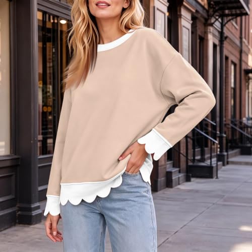 Lightweight Sweatshirts for Women Cotton Scalloped Hem Cozy Pullover Tops - image 3