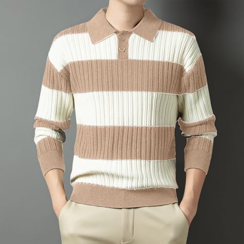 Men's Color Block Sweater Striped Button Up Lapel Collar Lightweight Long Sleeve Knit Pullover Fall Sweaters Top 20252