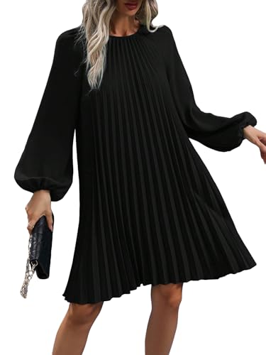 SweatyRocks Women's Lantern Long Sleeve Round Neck Solid Dress Casual Pleated Tunic Mini Dress Black X-Large