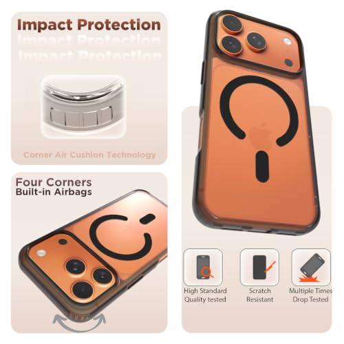 Image of RIGGEAR Shockproof Clear Hybrid Armor Magnetic Back Cover Case Compatible with MagSafe Accessories for iPhone 17 Pro (Clear-Black TPU Bumper + Transparent PC) (Black MagRing)