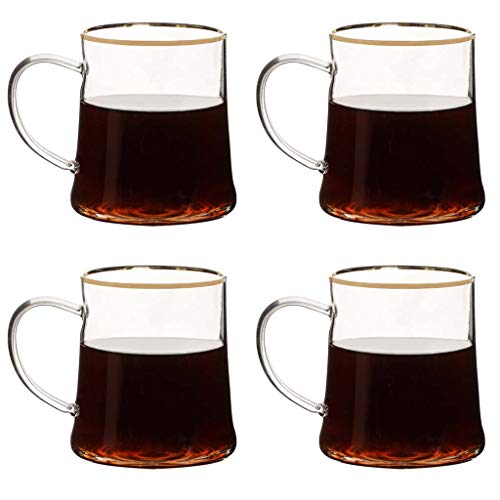Dibor Set of 4 Glass 200ml Rounded Glass Tea Coffee Hot Chocolate Mulled Wine Mugs with Gold Rimmed Edges Valentines Day Glassware Gift Set