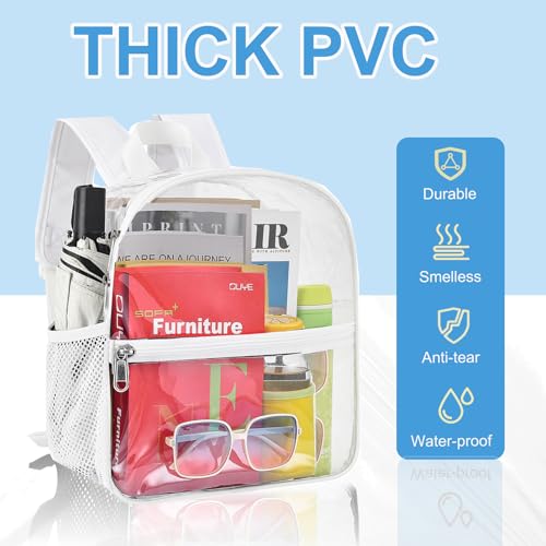 Image of Busiuw Clear Backpack for Stadium Events 12x12x6 Mini Small Sports Fan Backpacks with Front Pocket for Concert Sport Events Work Travel(White)