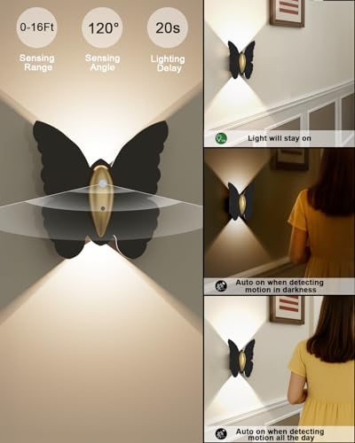 Image of Eneru Motion Sensor Wall Sconce, Rechargeable Wall Light Wireless Indoor | 5000mAh Battery Operated Wall Sconce, Motion Activated, Magnetic Butterfly Night Light for Hallway Stair Closet Pantry Porch