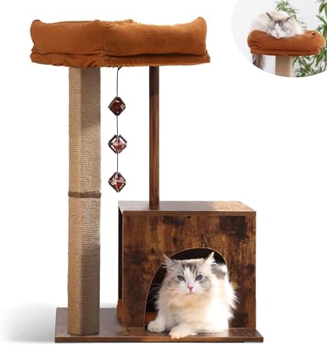 FUKUMARU Retro-Modern Cat Tree, Small Wooden Cat Tower with Post ...