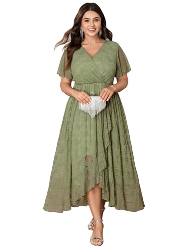 Image of SCOMCHIC Womens Plus Size Wedding Guest Dress Formal Lace Wrap V Neck High Low Short Sleeve Cocktail Maxi Dresses XL-4XL