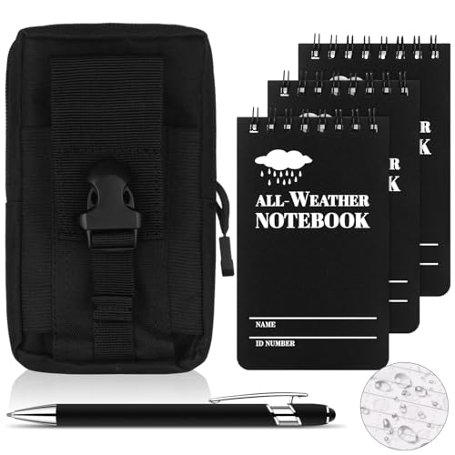 HAOWANWW Set di 5 penne impermeabili per quaderni impermeabili, mini notebook a spirale per tutte le condizioni atmosferiche, carta di pietra, con copertina nera, blocco note tattico con griglia per
