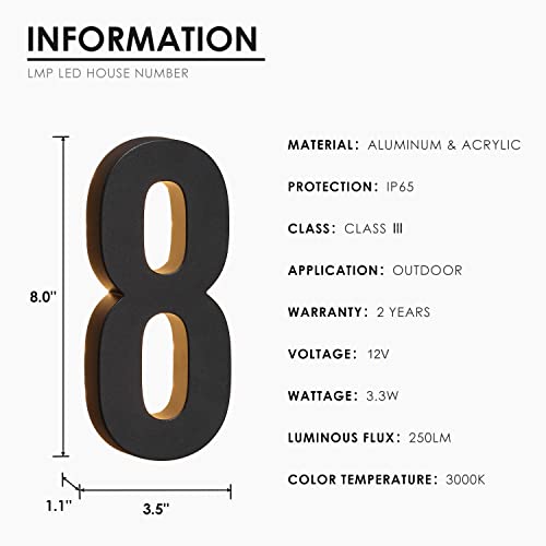 Lmp 12V Dc Low Voltage Led House Numbers Address Numbers 8 Inches, Modern Lighted House Numbers Glow At Night, Waterproof Corrosion Resistant, Easy To Install (Number 8 No Powers) #TOP2