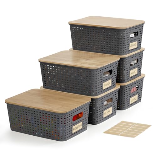 Bagnizer Small Plastic Storage Bins with Bamboo Lids 5.2qt Stackable Box Basket Pantry Decorative Containers Cute with Lable for Organizing Desktop Closet Office Gray of 6 packs 10 * 7.2 * 4.1"