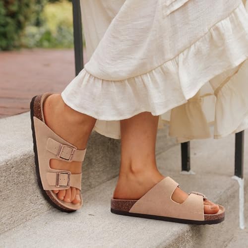 Image of KIDMI Unisex Summer Sandals Arch Support Cork Footbed Slide Sandals with Double Adjustable Buckle for Women Men