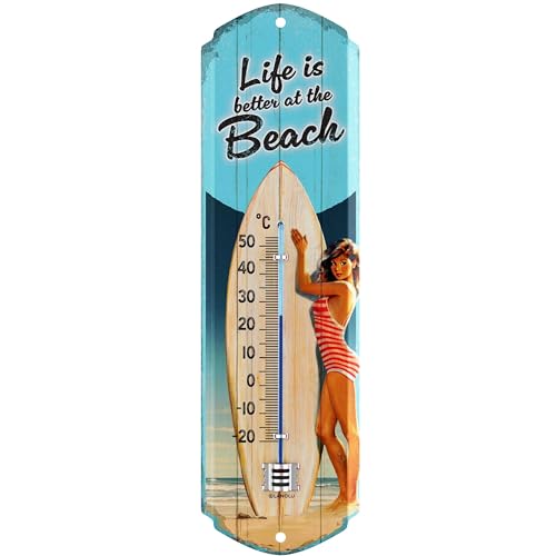 LANOLU Retro Thermometer Blechschild Life is better at the BEACH, Surf und Strand Deko Garten, Pool Schild und Pool Dekoration, Camper Geschenke,...