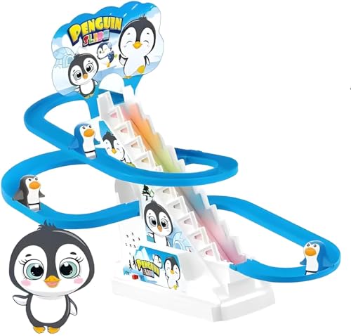 Image of WireScorts Penguin Slide Toy Set, Stair Climbing Roller Coaster with Sliding Tracks, Penguin Stair Climbing Toys for Kids, Escalator Toy with Lights and Music with 3 Penguins