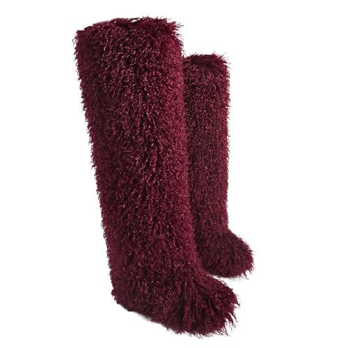 SWEETHEART BEAUTY Thigh High Shagy Teddy Fur Boots, 29 Inch Over the Knee Length Fluffy High Boots, Tall Furry Shoes For Women (10,Burgundy)