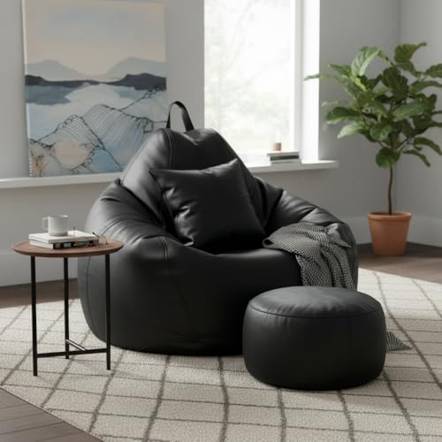 Image of KAM'S LIEU 6XL Jumbo Premium Bean Bag Chair with Footrest & Cushion | Filled with High Density EPS Beans | Comfortable Sofa for Living Room & Bedroom | 6 Months Warranty, Color- (Black, 6XL, Premium)