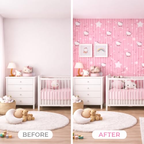 Image of Pink Kitty Stripe Kids Room Wallpaper | Cute Cartoon Nursery Wall Decor for Baby Room | Self Adhesive Peel & Stick Removable Wallpaper, Washable Wall Covering for Bedroom Nursery 2 x 50 Feet