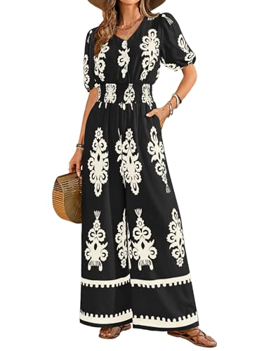 LOOKBOHO Women's Jumpsuits Boho Floral Short Sleeve Dressy V Neck High Waist Wide Leg Rompers Casual One Piece Outfits