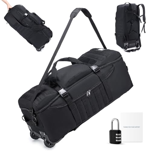 SUCIKORIO Tactical Travel Duffle Bag with Wheels and Handle 3 in 1 Large 85L XL Rolling Travelling Backpack Waterproof Oxford Carry On Hand Luggage Deployment Bags with Combination Padlock, Black