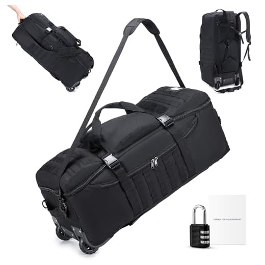 SUCIKORIO Tactical Travel Duffle Bag with Wheels and Handle 3 in 1 Large 85L XL Rolling Travelling Backpack Waterproof Oxford Carry On Hand Luggage Deployment Bags with Combination Padlock, Black