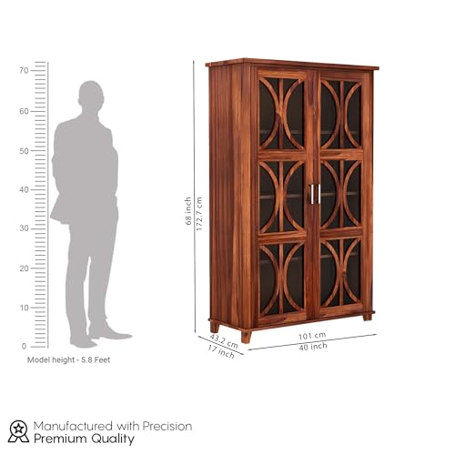 Image of Wooden Crockery Cabinets with Glass Door | Wooden Showcase Almirah | Solid Wood Book Shelf Crockery Unit for Kitchen Living Room