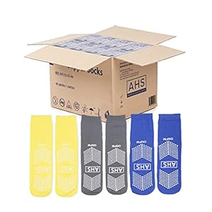 AMERICAN HOSPITAL SUPPLY Slipper Socks | Non Skid Socks Assorted Colors (Yellow, Blue, and Gray) One Size Fits Most | Knit Grip Socks with Elastic Cuff | 48 Pairs of Grippy Socks