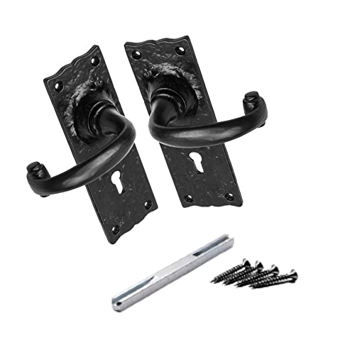 Pair of Black Antique Cottage Handle Lever Locks Hammered Victorian Lever Lock Door Handles Keyholes ON Back Plate with Spindle and Fixing Screws