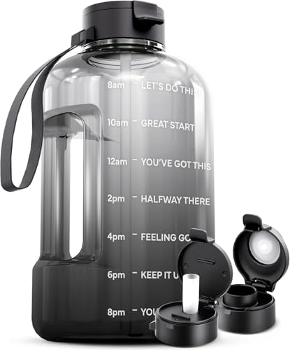 AQUAFIT 128 oz Water Bottle with Time Marker - Straw & Chug Lid - BPA Free 1 Gallon Gym Water Bottle with Handle - Big Gallon Jug (Midnight Gray, 128 Ounces)