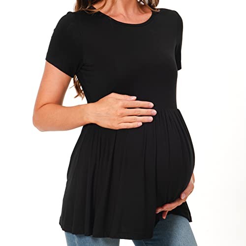 Bearsland Maternity Tops Short Sleeve Scoop Neck Maternity Shirt Pregnancy Clothes，Black&Green&Vivid Blue,L #TOP2