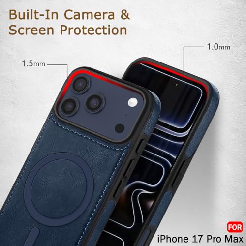 Image of TheGiftKart Genuine Leather Finish Back Cover Case for iPhone 17 Pro Max | ShockProof Design | Raised Edges for Camera & Screen Protection | Stunning Minimalist Design Cover (MagSafe Compatible, Blue)