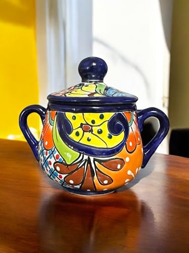 Handmade Colorful Talavera Sugar Jar with Handles | Vibrant Multicolor Ceramic Jar with Lid