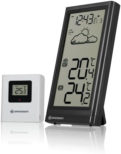 Bresser Wetterstation Funk mit Außensensor Meteo Temp, Thermometer mit Temperaturanzeige für Innen- und Außen, Wettervorhersage, mit ausklappbarem Standfuß und Wandhalterung, schwa