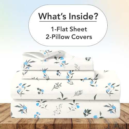 Image of Divine Casa Cotton King Size Bedsheet | 210 TC Soft Breathable Pigment Twill Satin Bed Sheet with 2 Pillow Covers | Luxury Bedding Set | 275 x 275 cm (Cream Blue, Floral)