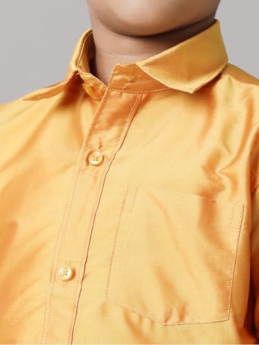 Image of RAMRAJ COTTON Boys Silk Cotton Shirt With Adjustable Cream Dhoti Perfect For Ceremonies| Festivals| And Special Occasions