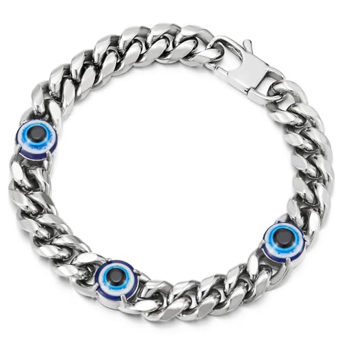 COOLSTEELANDBEYOND Classic Stainless Steel Curb Chain Bracelet with Evil Eye Charms, for Men, Silver Color