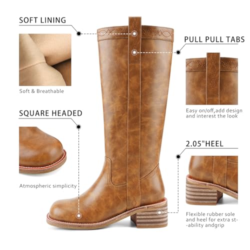 UBWDU Womens Knee High Boots Square Toe Platform Chunky Block Heel Banana Campus Boots3