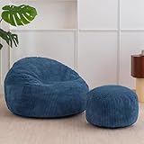 MAXYOYO Cord Bean Bag Chair with Footstool for Children, Beanbag Sofa & Pouffe with Foam Filling, Lazy Lounge Chair with Handle for Living Room Bedroom Gaming Reading Relaxing