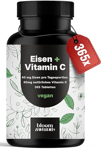 Eisentabletten hochdosiert mit Vitamin C- 365 Tabletten - Eisenbisglycinat/Eisen hochdosiert mit Vitamin C, Eisen Vitamine C vegan & produziert in Deutschland - Laborgeprüft