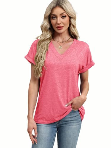 Image of T Shirts Short Sleeve V Neck Tees Womens Tops Beach Vacation Fashion Clothes 2026 Casual Summer Spring Fall Outfits