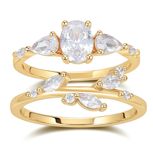 Modern Wedding Ring Stack | Three Stone CZ Engagement Ring | Women's 14K Gold Leaf Vine Wedding Band | Cubic Zirconia Bridal Set - Anniversary