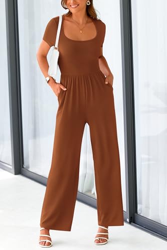 PRETTYGARDEN Women's Summer One Piece Jumpsuits Dressy Casual Short Sleeve Square Neck Wide Leg Jumpsuit Rompers