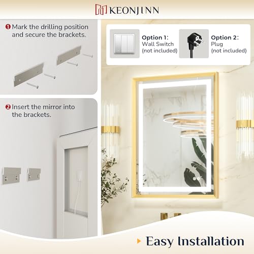 Keonjinn Gold Bathroom Mirror with Led Lights 50x70cm, Antifog Vanity Mirror Gold Frame Back and Front Lit 3 Colour Dimmable Illuminated Wall Mounted Rectangle Digital Mirrors - Image 7