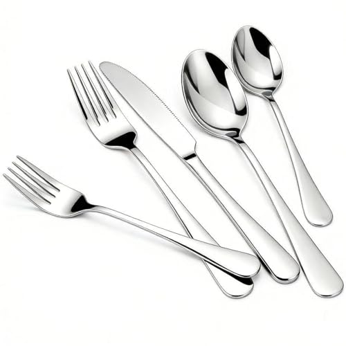 60 Piece Silverware Set for 12, Stainless Steel Flatware Set,Mirror Polished Modern Design,Including Steak Knife Fork and Spoon,Kitchen Utensils Set, Mirror Polished,Dishwasher Safe by Hanucci - Used condition - US$22.94